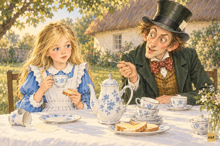 Alice asks the Dormouse a polite question, and the Hatter sneers an answer for it