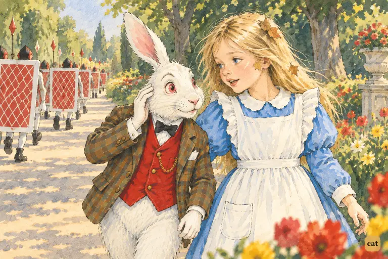 On the path to the croquet-ground, the anxious White Rabbit leans in to listen