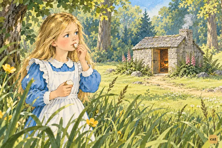 At the wood's edge, Alice nibbles the right-hand mushroom piece to make herself small