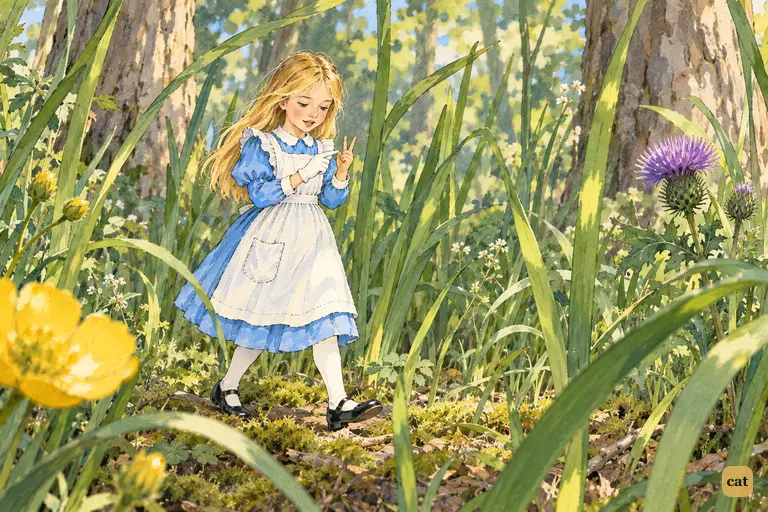 Alice, now only three inches tall, walks through grass that towers over her like a forest.