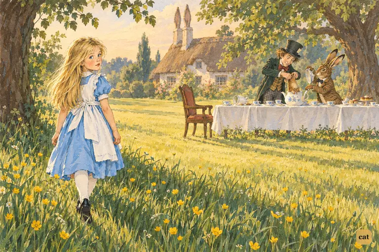 Alice walks away from the mad tea-party and looks back once more over her shoulder.