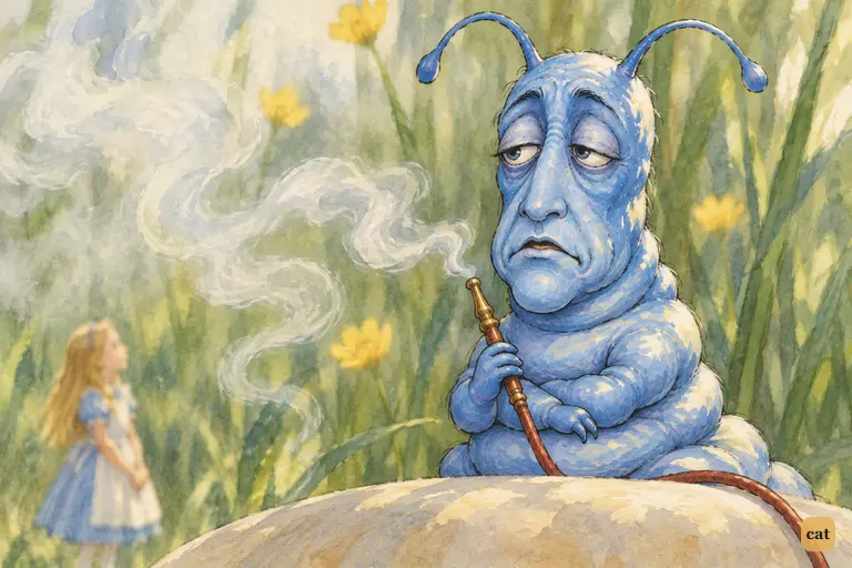 The Caterpillar sits on the mushroom with his arms folded.