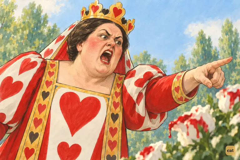 The Queen of Hearts, crimson with fury, screams a death sentence at Alice