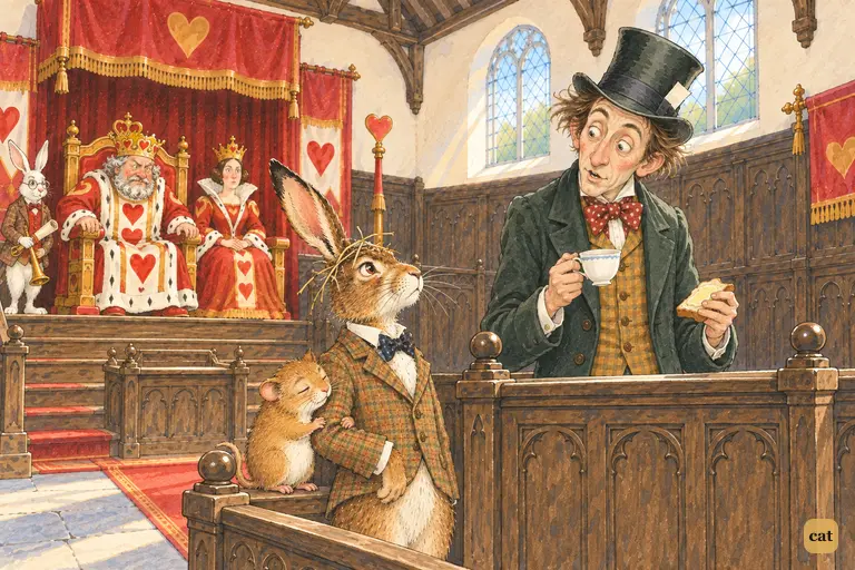 In the witness-box the Hatter looks sideways at the March Hare for the date his tea began.