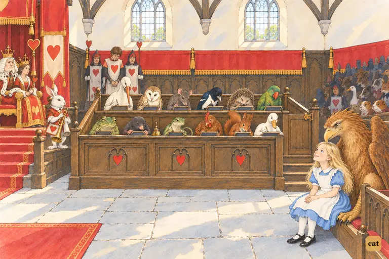 Alice sees the jury-box: twelve animals and birds scratching busily at their slates