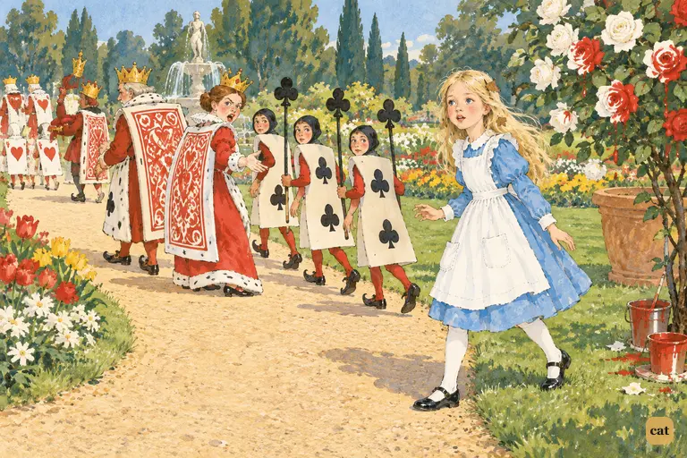 At the Queen's roar, Alice steps onto the garden path and joins the court of cards