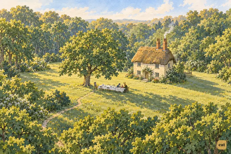 Seen from high above the wood, the March Hare's fur-roofed house sits small in a golden clearing.