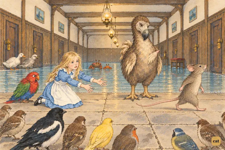 Offended by Alice's "knot," the Mouse gets up and stalks out of the ring towards the dark corner.