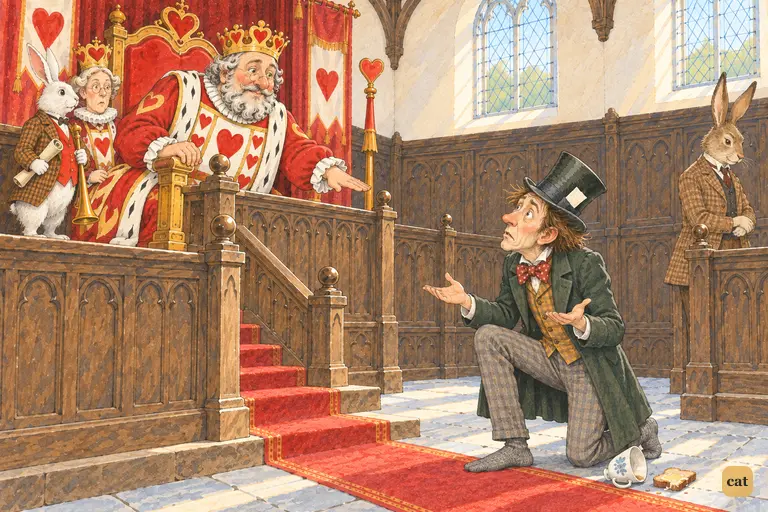 The Hatter kneels on the stone floor of the court and pleads that he cannot "stand down" any lower.