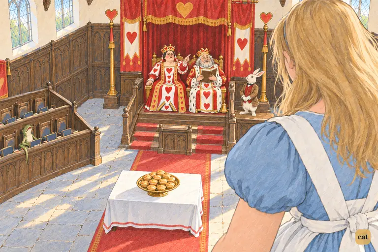 Over giant Alice's shoulder, the tiny King and Queen of Hearts look up at her