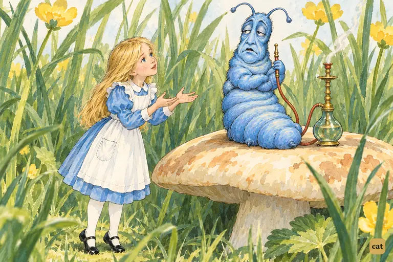 By the mushroom, Alice spreads her hands and explains how confusing changing size is