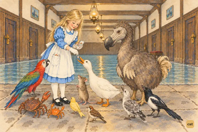 Alice finds a dry box of comfits in her pocket and, relieved, gives one to each creature as a prize.