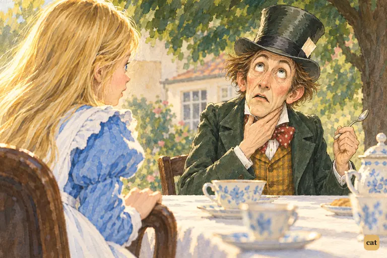 At the tea-party, the Hatter acts out the Queen of Hearts screaming 'Off with his head!'