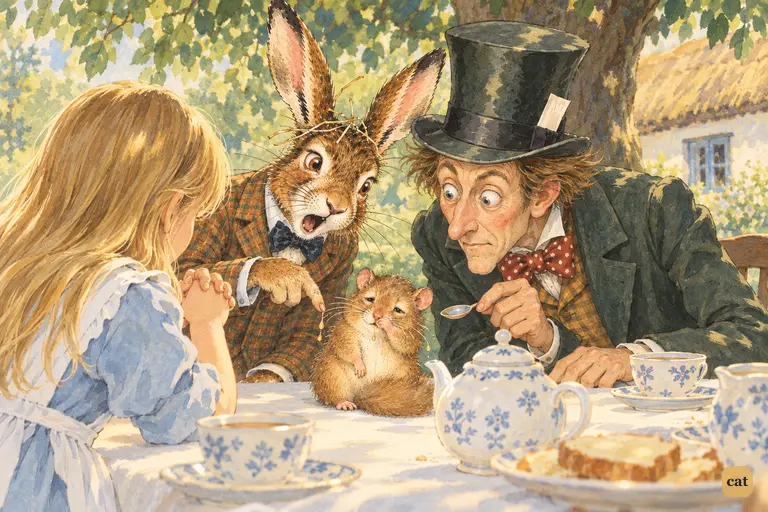 The March Hare and the Hatter lean over the sleepy Dormouse from both sides and demand a story.