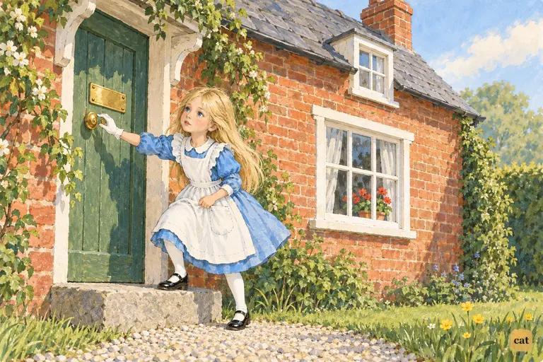 Alice runs up to the White Rabbit's red-brick cottage and its bright brass plate
