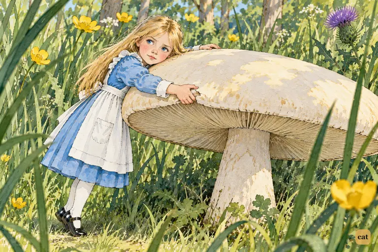 The Caterpillar has gone, and Alice is left alone with the perfectly round mushroom.
