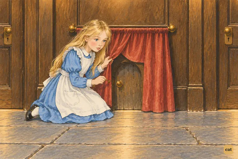 Kneeling in the hall, Alice pulls aside a red curtain and finds a tiny door
