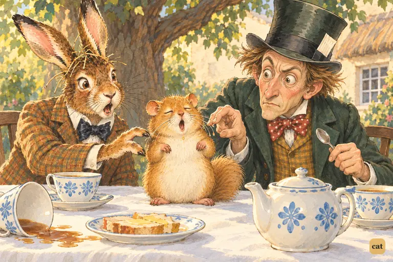 The sleeping Dormouse starts singing and drowns out the Hatter's sad story
