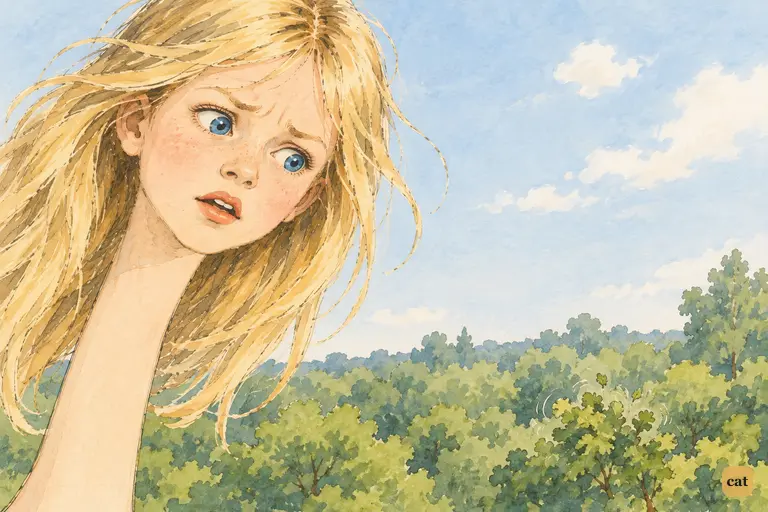 High above the wood, Alice's head sits on an immensely long neck.