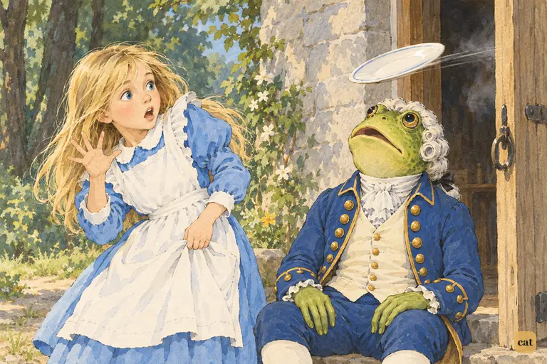 A plate from the Duchess's door grazes the Frog-Footman's nose as he stares at the sky
