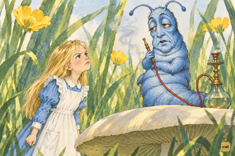 Back at the mushroom, the blue Caterpillar calmly tells Alice to keep her temper