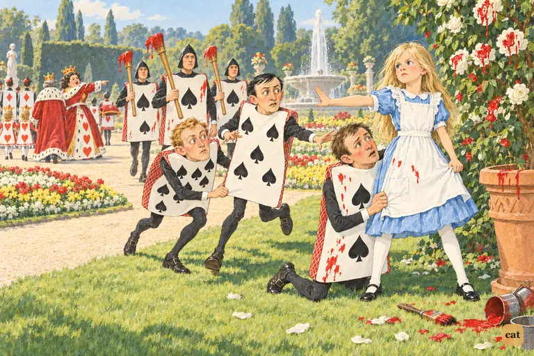 As the Queen shouts 'Off with their heads!', the gardeners run to Alice for protection