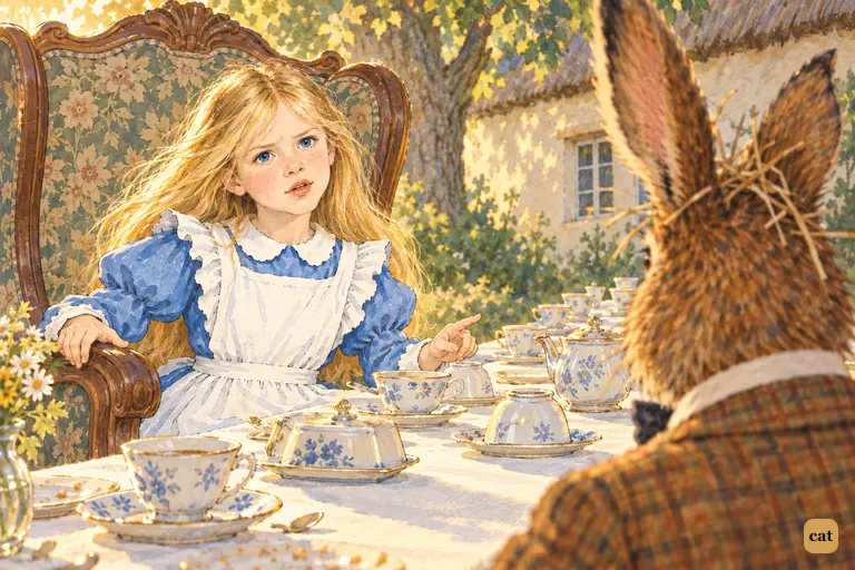 Alice sits upright in the big arm-chair and answers the March Hare's rudeness