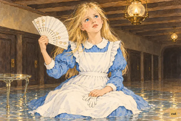 Giant Alice sits in her pool of tears, waving the Rabbit's fan and wondering who she is