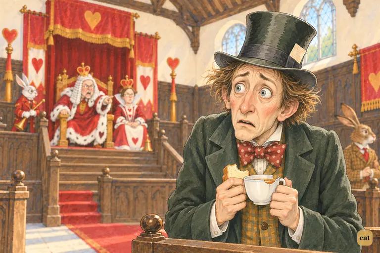 The King threatens the Hatter with execution, and the Hatter freezes at the witness-box.