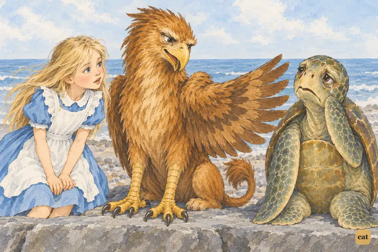 The Gryphon swings out a wing to stop Alice's eager questions about lessons