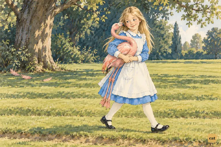 Alice has caught her runaway flamingo, but both hedgehogs have gone.