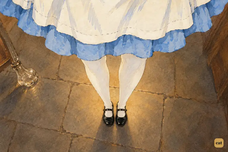 From high under the roof, Alice looks down at her own small black shoes far below