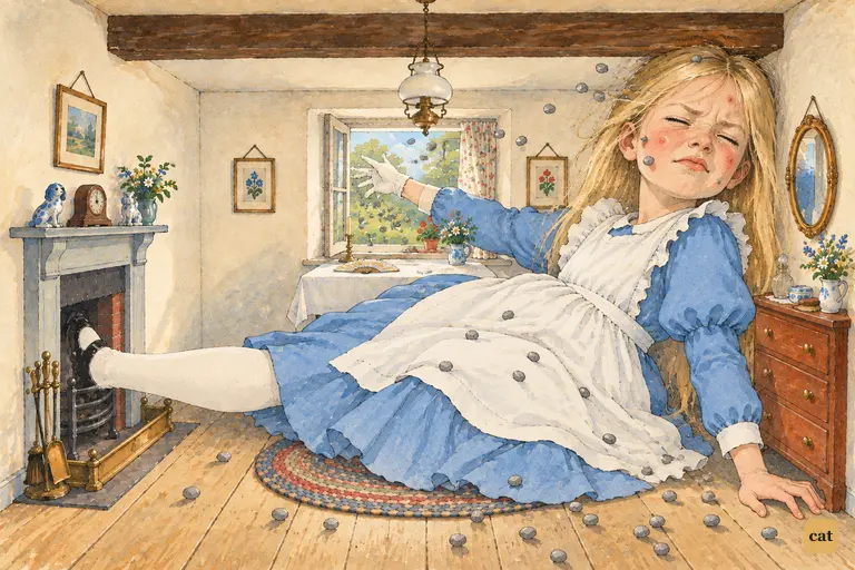 A handful of little pebbles comes rattling in at the window and strikes the giant Alice in the face.