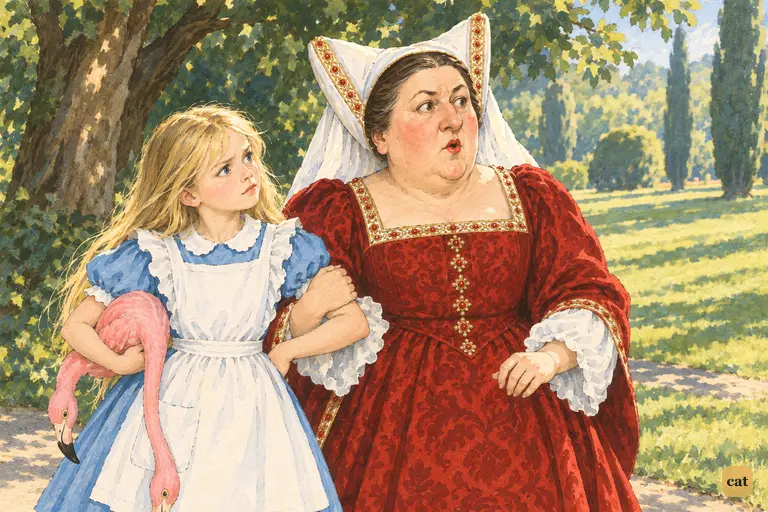 Walking arm in arm with Alice in the shade, the Duchess breaks off mid-word