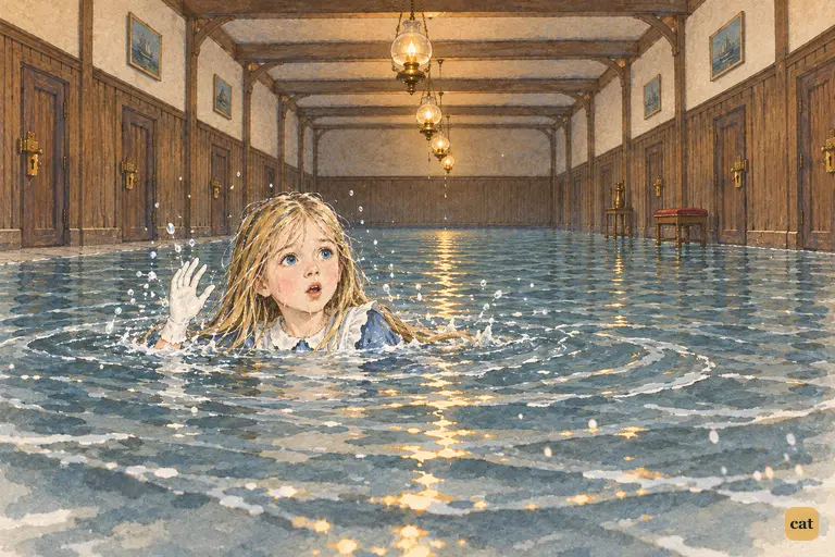Alice slips and falls into the pool of tears she cried when she was nine feet high.