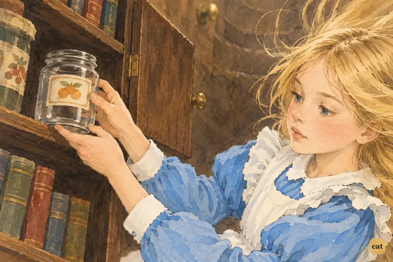 Falling, Alice slides the empty ORANGE MARMALADE jar onto a passing cupboard shelf