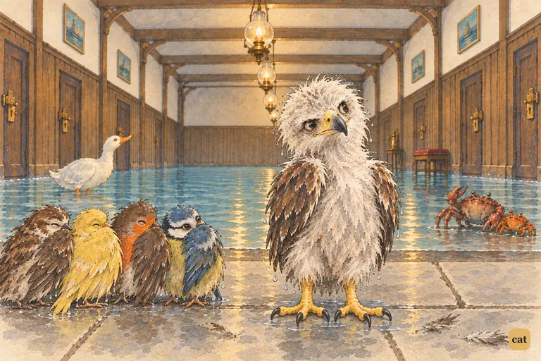 The Eaglet ducks its head into its wet down to hide a cheeky grin after cutting the Dodo short.