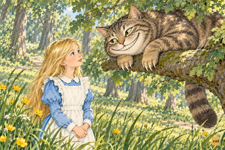 In the long grass, Alice tells the grinning Cheshire Cat the baby turned into a pig