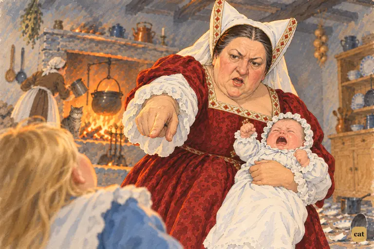 The Duchess leans down and jabs a finger at tiny Alice: Chop off her head!