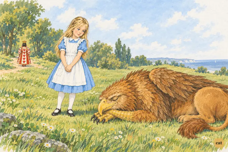 The Queen of Hearts marches off, leaving Alice alone with a sleeping Gryphon