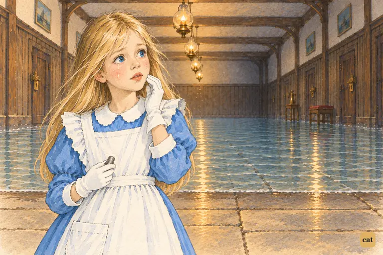 Alone on the empty shore after crying for Dinah, Alice hears small footsteps far away.