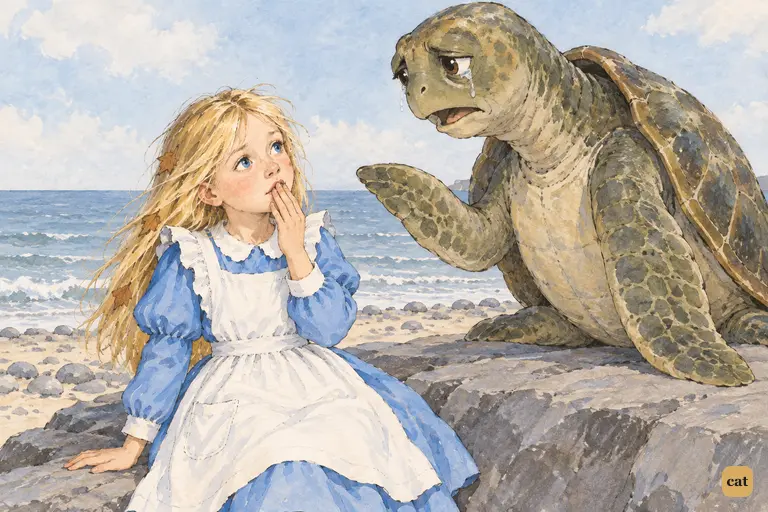 On the rock ledge, Alice stops herself mid-word and covers her lips with her fingertips