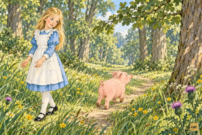 Alice sets the little creature down in the May wood and watches the pig trot off