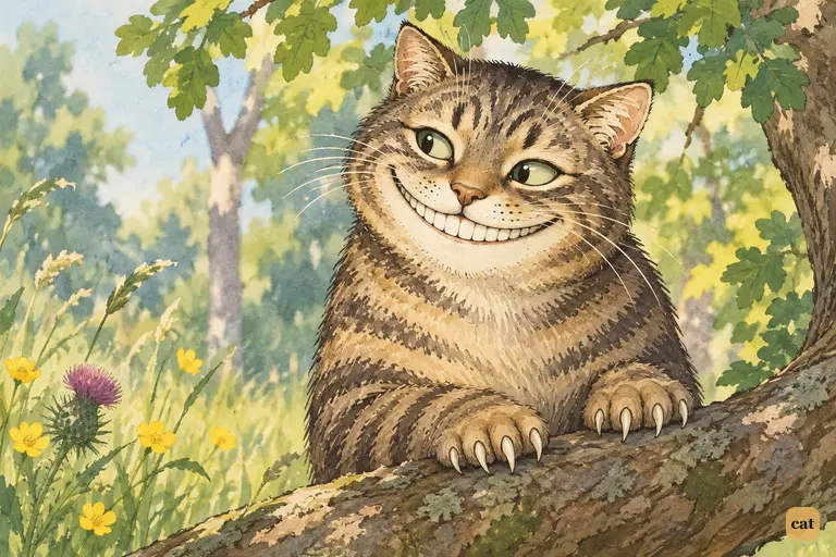 Up close on the low bough, the Cheshire Cat grins at Alice.