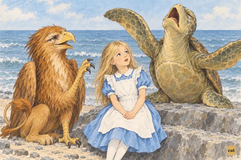 The Mock Turtle throws back his head and bellows the last mournful note of "Beautiful Soup."