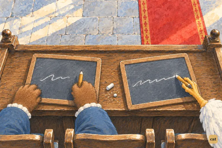 Two jurors write opposite verdicts on their slates: important and unimportant