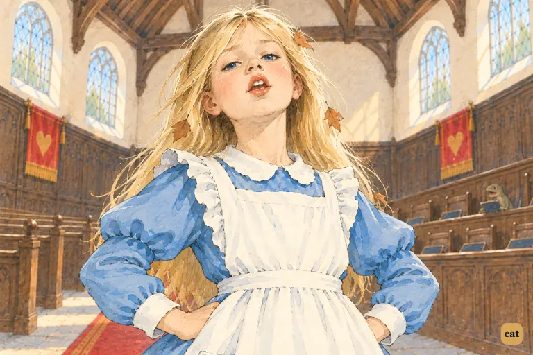 Back at full size, Alice scornfully calls the court nothing but a pack of cards
