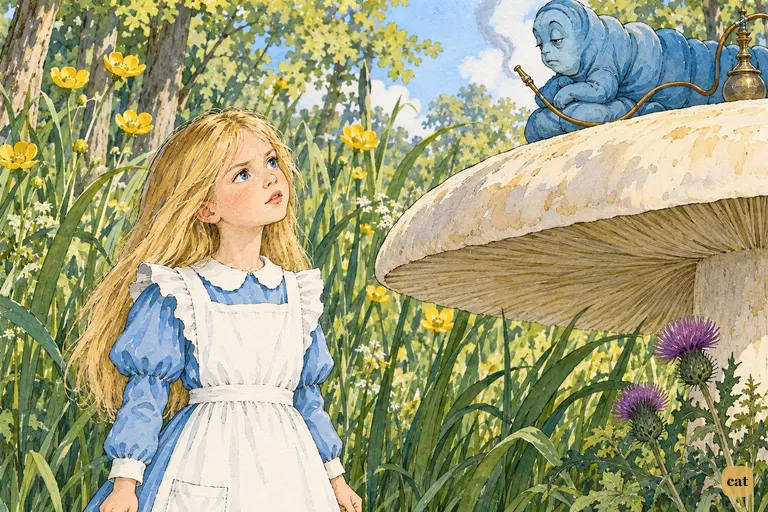 Standing very straight, Alice gravely tells the Caterpillar to say who it is first