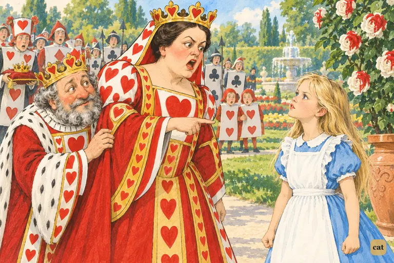 Alice shouts 'Nonsense!' and the Queen of Hearts stops mid-sentence