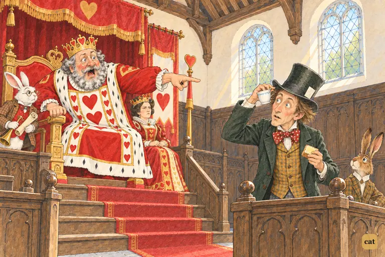 The King of Hearts leans off his throne and points at the Hatter's hat.
